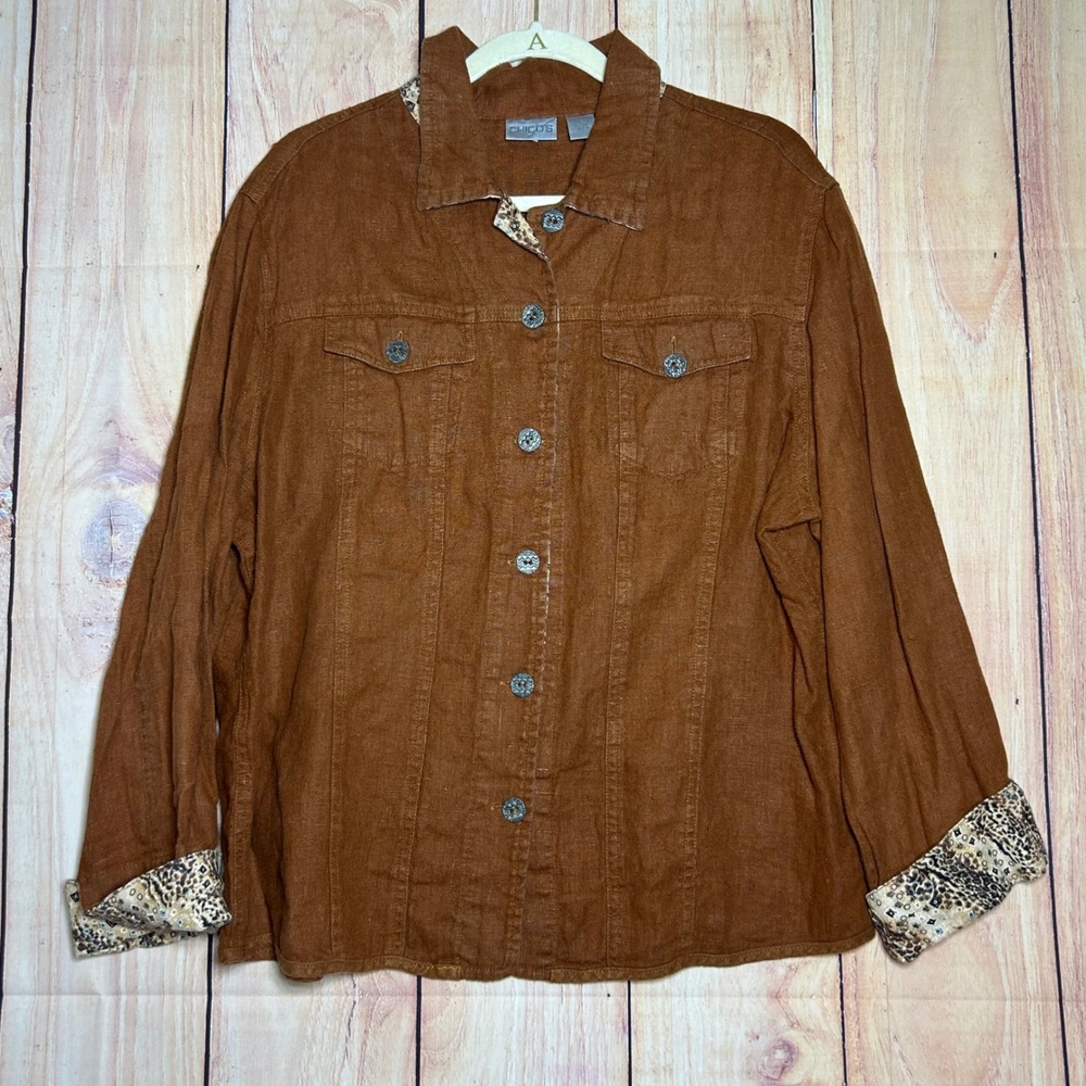 Chico's Linen Button Down Shirt Womens 3 XL Brown Leopard Trim Lagenlook Safari
